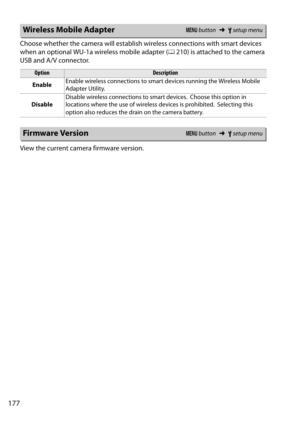 Wireless mobile adapter, Firmware version, Wireless mobile adapter firmware version | Nikon D5200 User Manual | Page 194 / 264