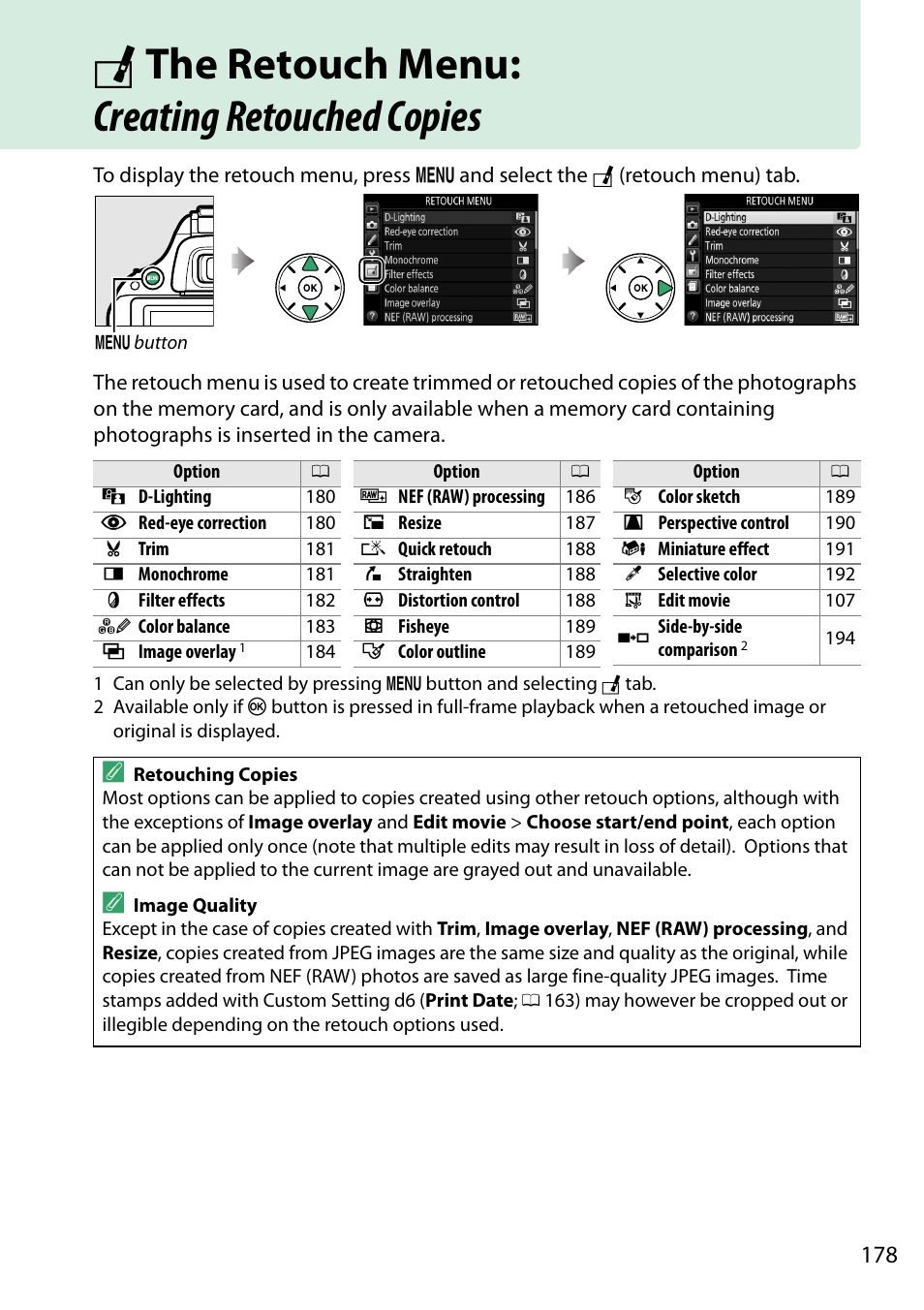 The retouch menu: creating retouched copies, N the retouch menu: creating retouched copies | Nikon D5200 User Manual | Page 195 / 264