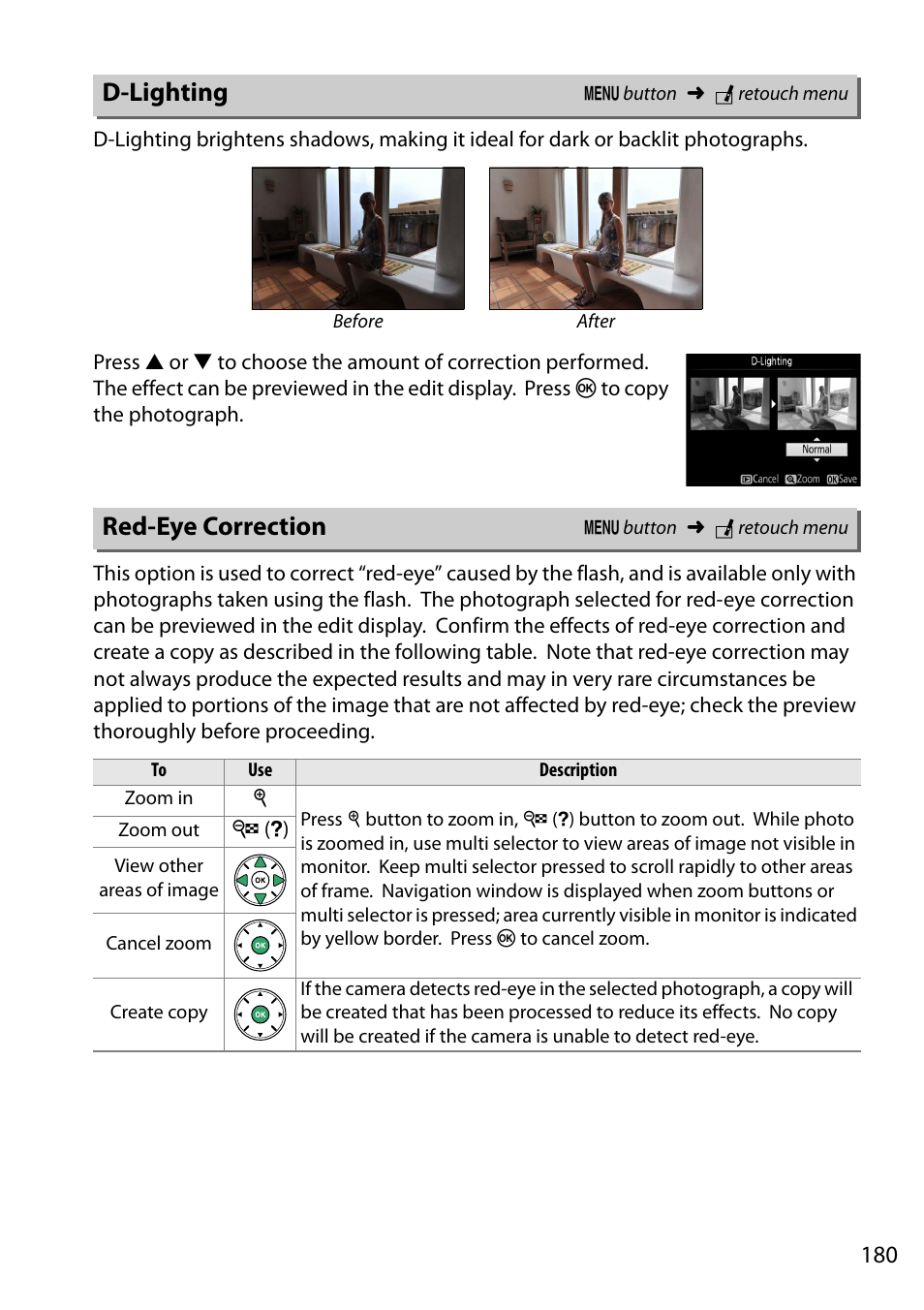 D-lighting, Red-eye correction, D-lighting red-eye correction | Nikon D5200 User Manual | Page 197 / 264