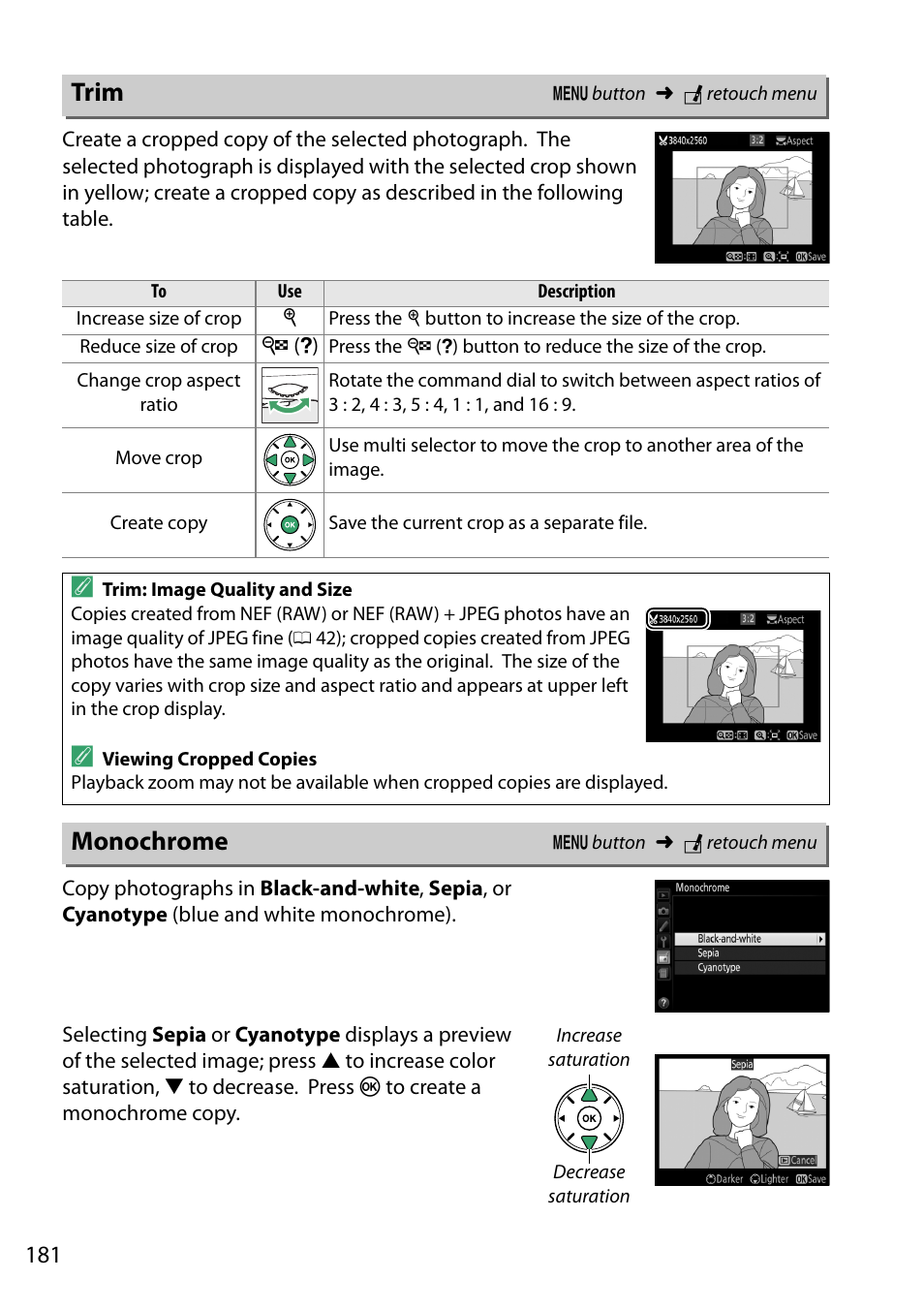 Trim, Monochrome, Trim monochrome | Nikon D5200 User Manual | Page 198 / 264