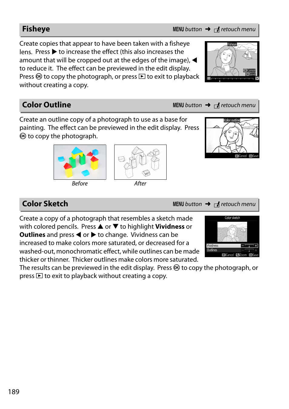 Fisheye, Color outline, Color sketch | Color outline color sketch | Nikon D5200 User Manual | Page 206 / 264