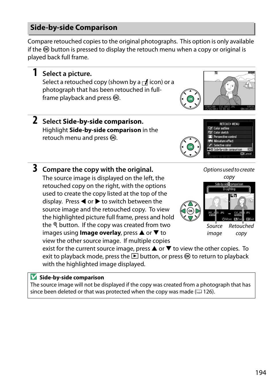 Side-by-side comparison, Side-by-side comparison d | Nikon D5200 User Manual | Page 211 / 264