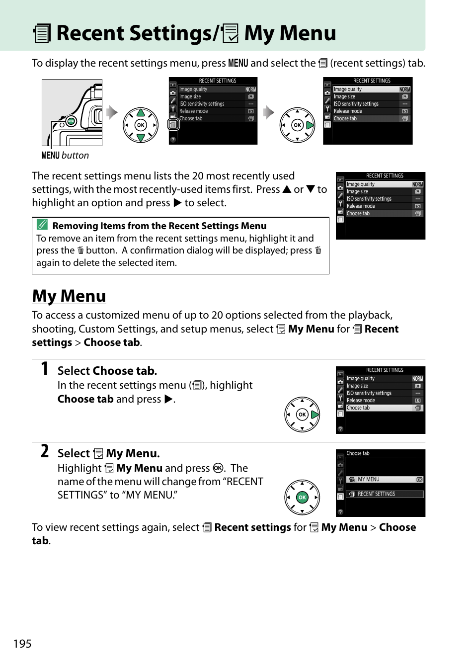 Recent settings/my menu, My menu, M recent settings/o my menu | M recent settings/ o my menu | Nikon D5200 User Manual | Page 212 / 264