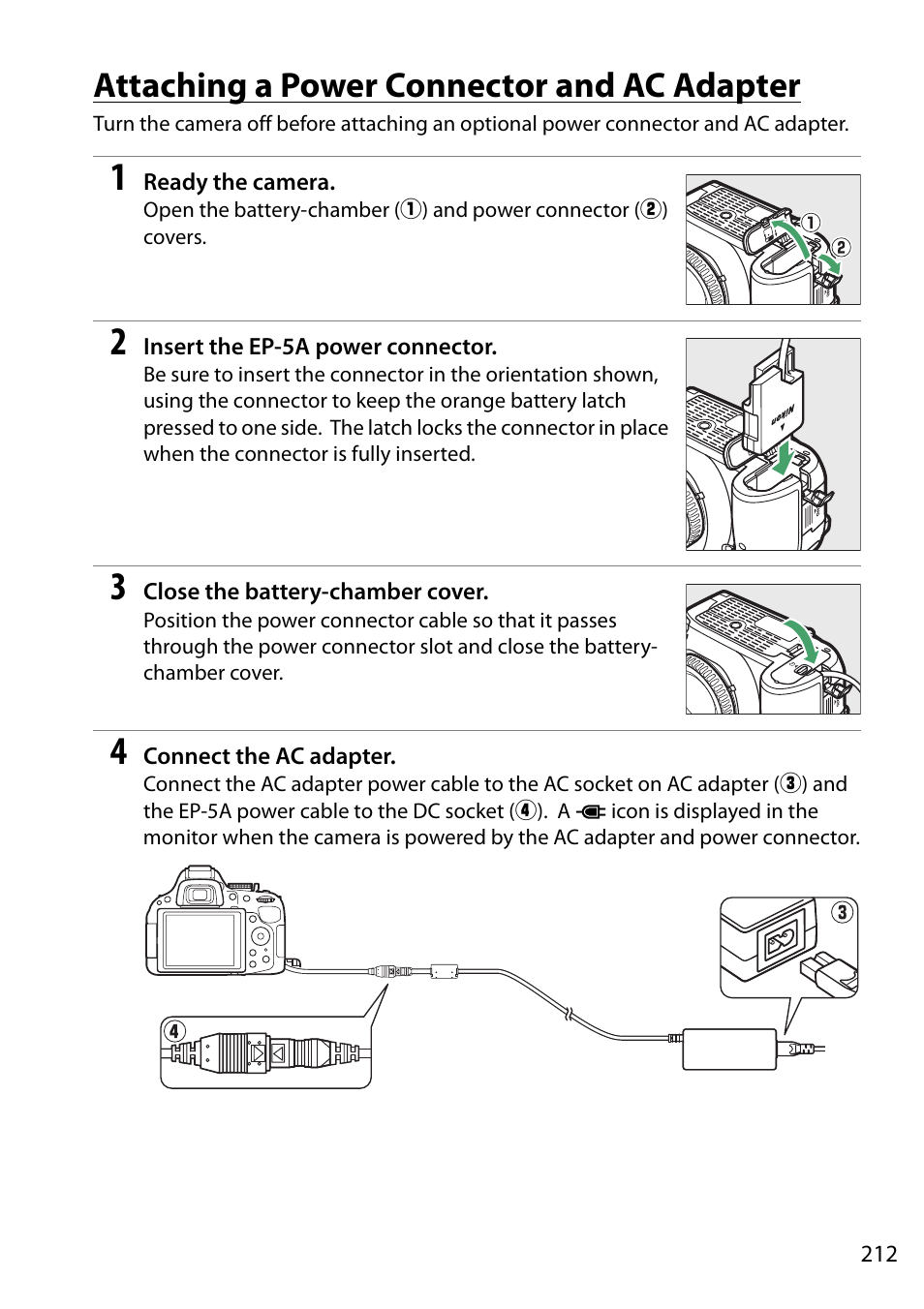 Attaching a power connector and ac adapter, Adapter, 212 f | Nikon D5200 User Manual | Page 229 / 264