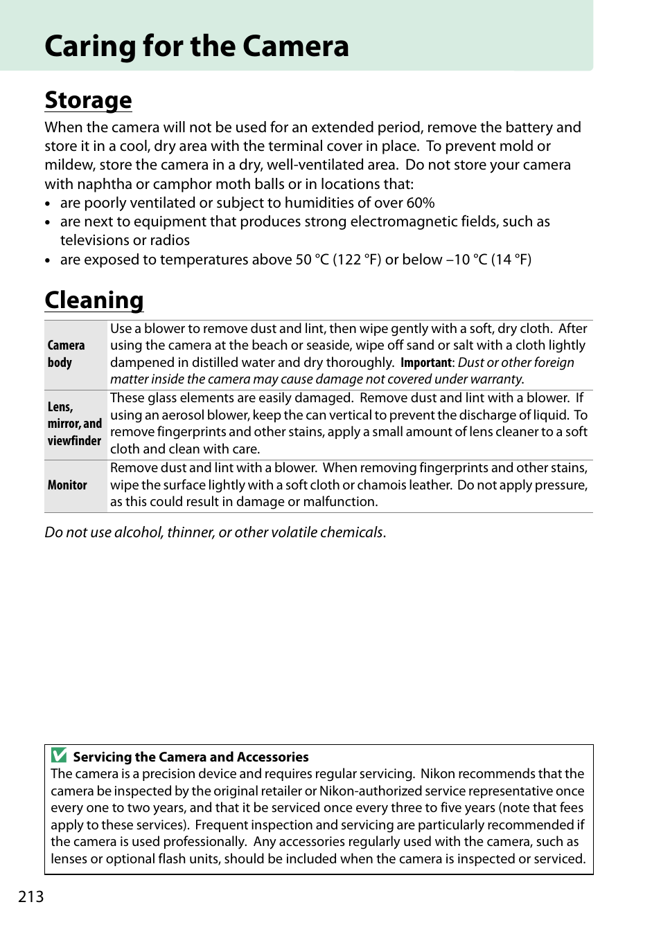 Caring for the camera, Storage, Cleaning | Storage cleaning | Nikon D5200 User Manual | Page 230 / 264