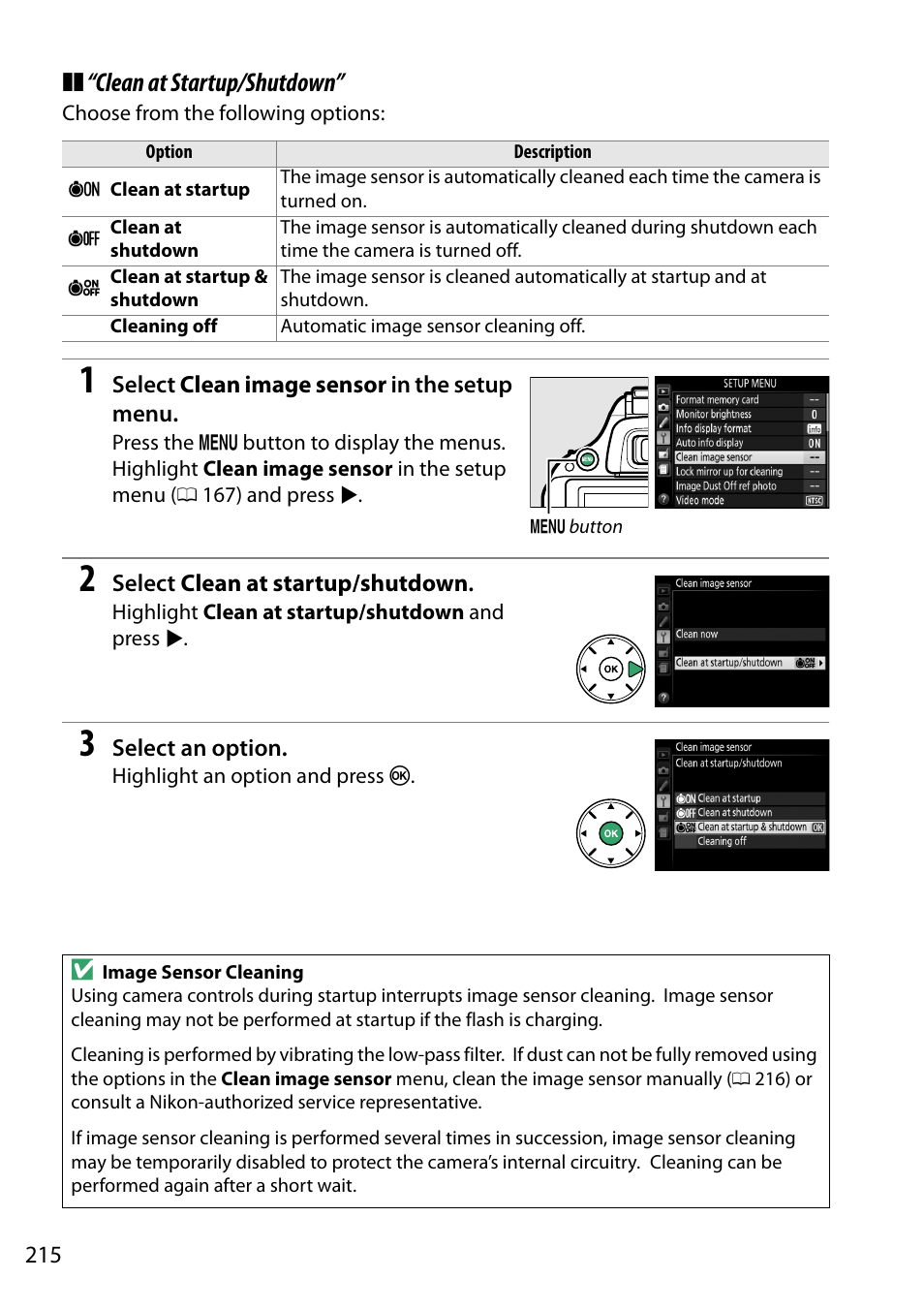 Clean at startup/shutdown | Nikon D5200 User Manual | Page 232 / 264