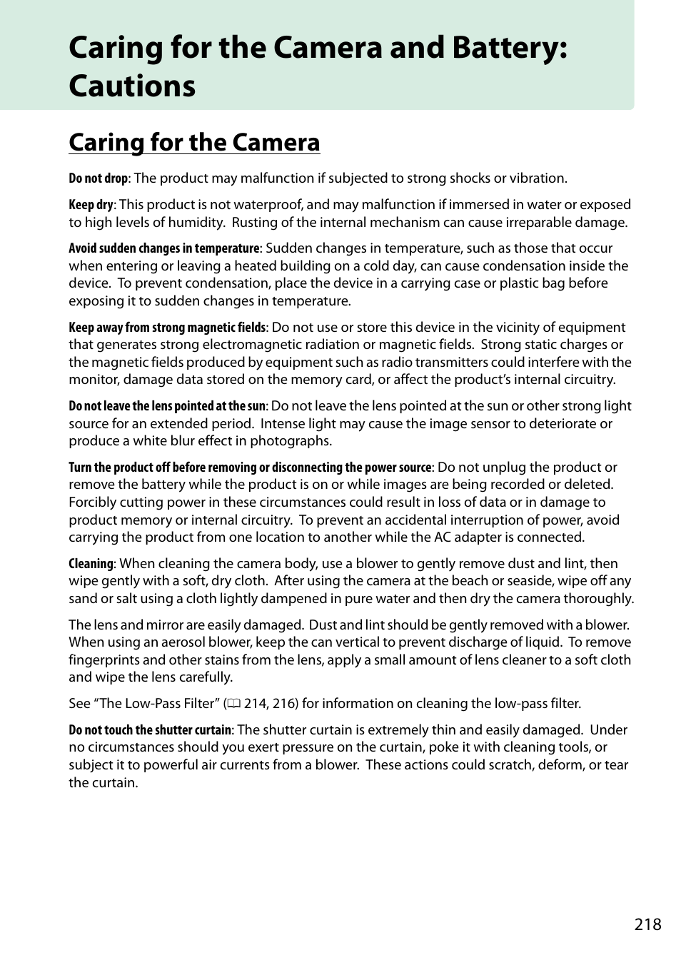 Caring for the camera and battery: cautions, Caring for the camera | Nikon D5200 User Manual | Page 235 / 264
