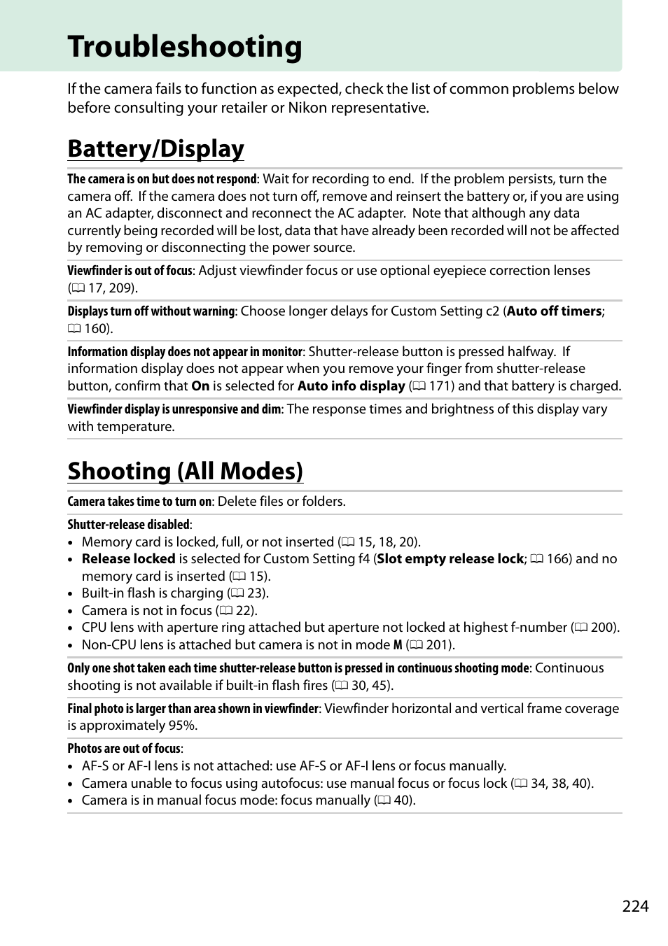 Troubleshooting, Battery/display, Shooting (all modes) | Battery/display shooting (all modes) | Nikon D5200 User Manual | Page 241 / 264