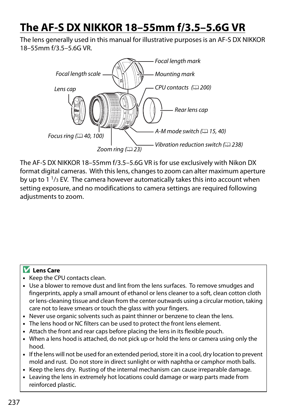 The af-s dx nikkor 18-55mm f/3.5-5.6g vr, The af-s dx nikkor 18–55mm f/3.5–5.6g vr | Nikon D5200 User Manual | Page 254 / 264