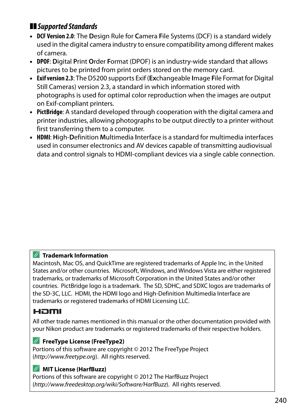 0 240) co, Supported standards | Nikon D5200 User Manual | Page 257 / 264