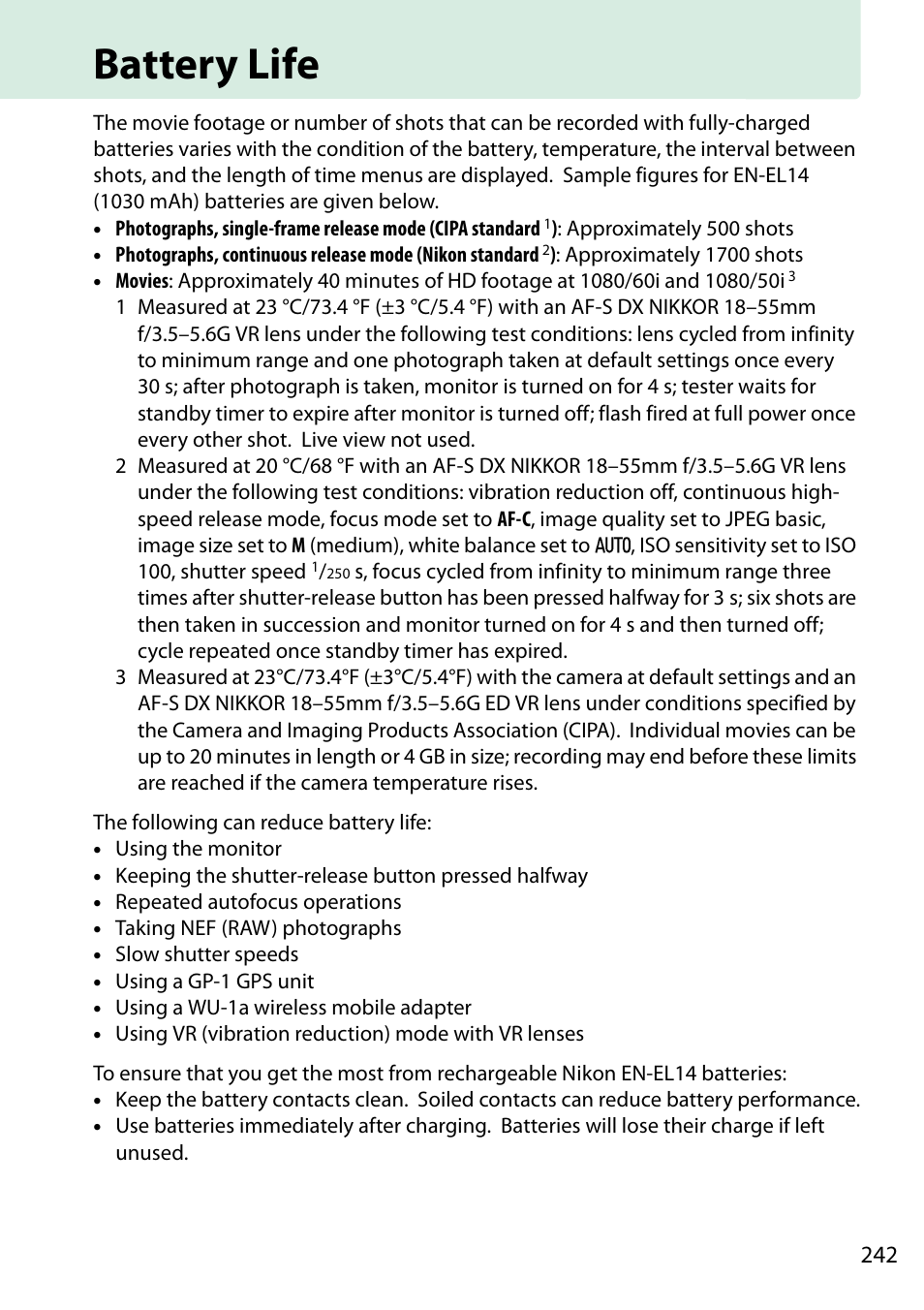 Battery life | Nikon D5200 User Manual | Page 259 / 264