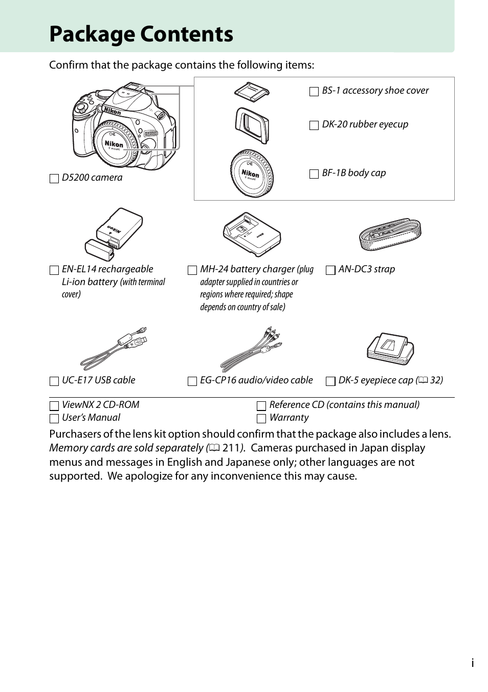 Package contents | Nikon D5200 User Manual | Page 3 / 264