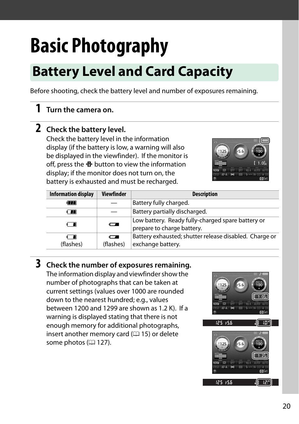 Basic photography, Battery level and card capacity | Nikon D5200 User Manual | Page 37 / 264