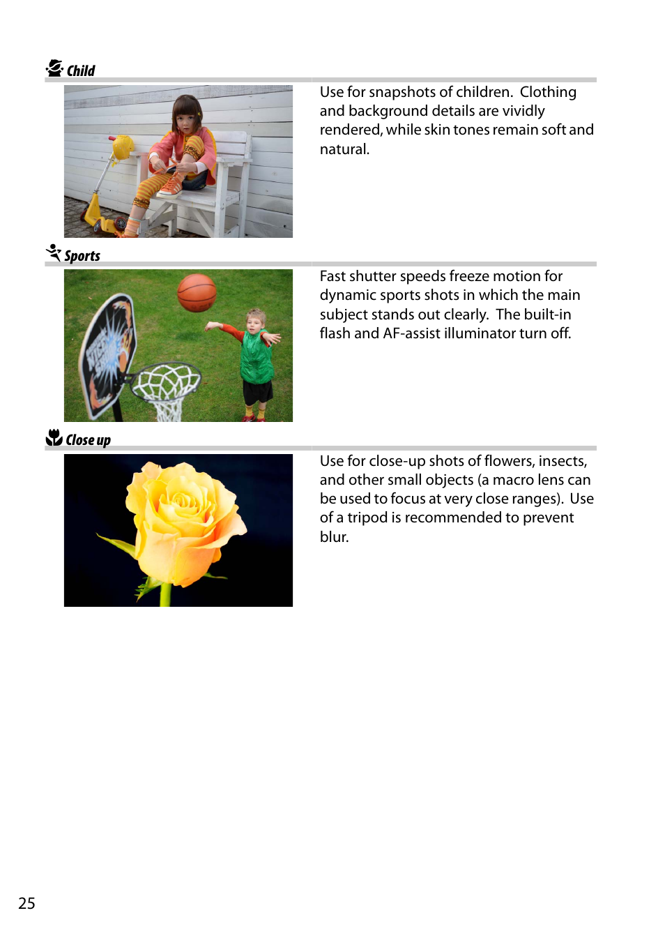 Child, Sports, Close up | P child m sports n close up | Nikon D5200 User Manual | Page 42 / 264