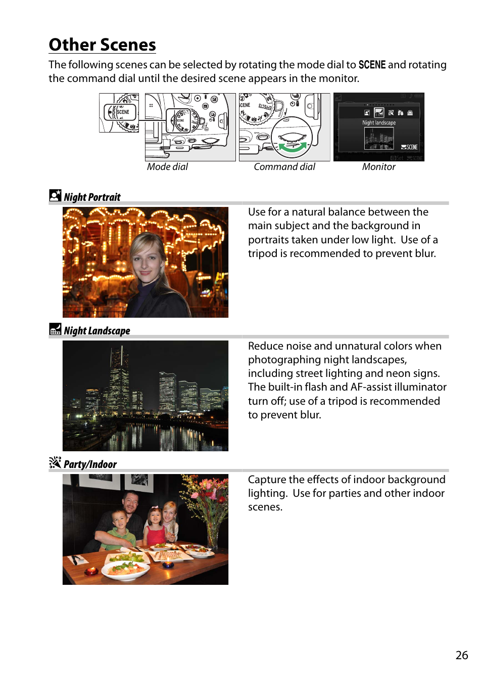 Other scenes, Night portrait, Night landscape | Party/indoor, O night portrait r night landscape s party/indoor | Nikon D5200 User Manual | Page 43 / 264