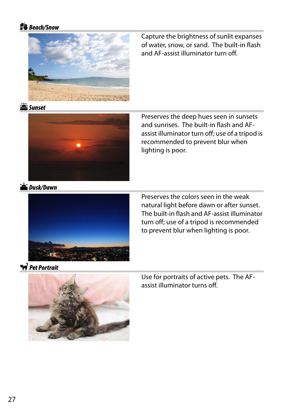 Beach/snow, Sunset, Dusk/dawn | Pet portrait, T beach/snow u sunset v dusk/dawn w pet portrait | Nikon D5200 User Manual | Page 44 / 264