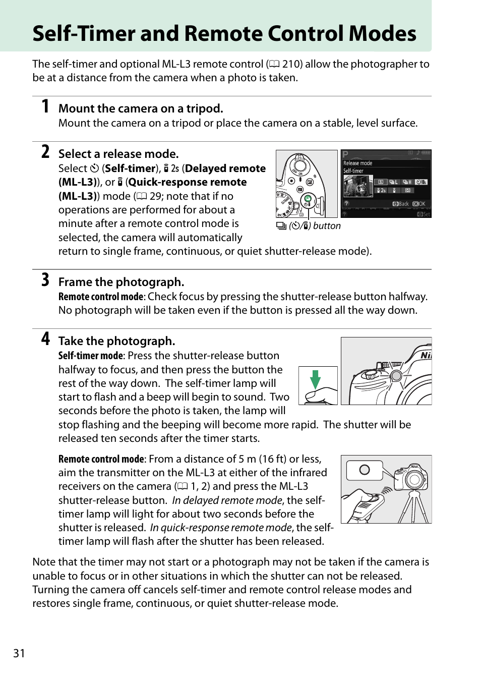 Self-timer and remote control modes | Nikon D5200 User Manual | Page 48 / 264