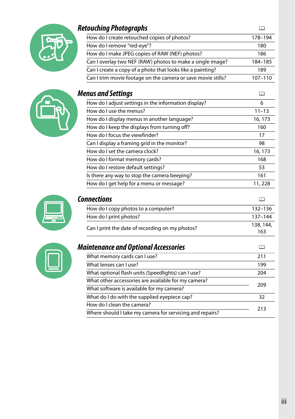 Retouching photographs, Menus and settings, Connections | Maintenance and optional accessories | Nikon D5200 User Manual | Page 5 / 264