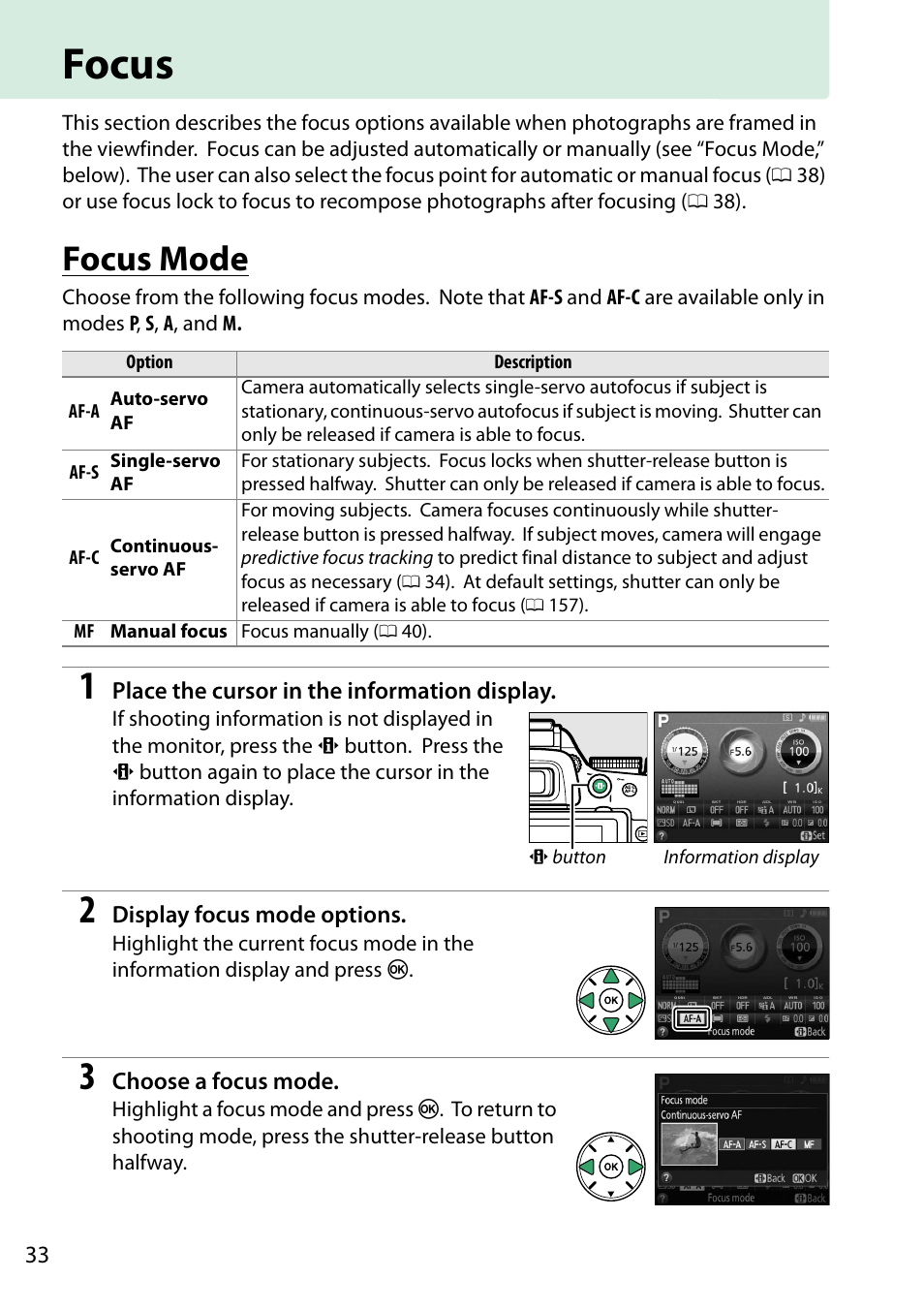 Focus, Focus mode, 0 33), sing | Nikon D5200 User Manual | Page 50 / 264