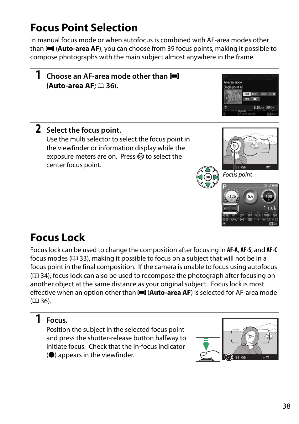 Focus point selection, Focus lock, Focus point selection focus lock | 0 38) to f | Nikon D5200 User Manual | Page 55 / 264