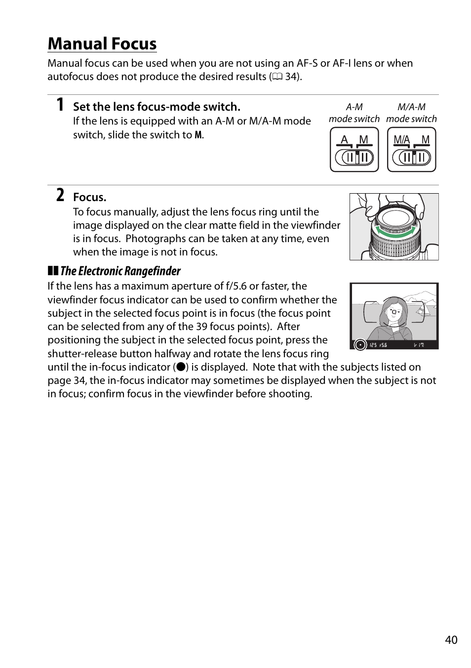 Manual focus, Cus manually, Manually | 0 40) or use f | Nikon D5200 User Manual | Page 57 / 264