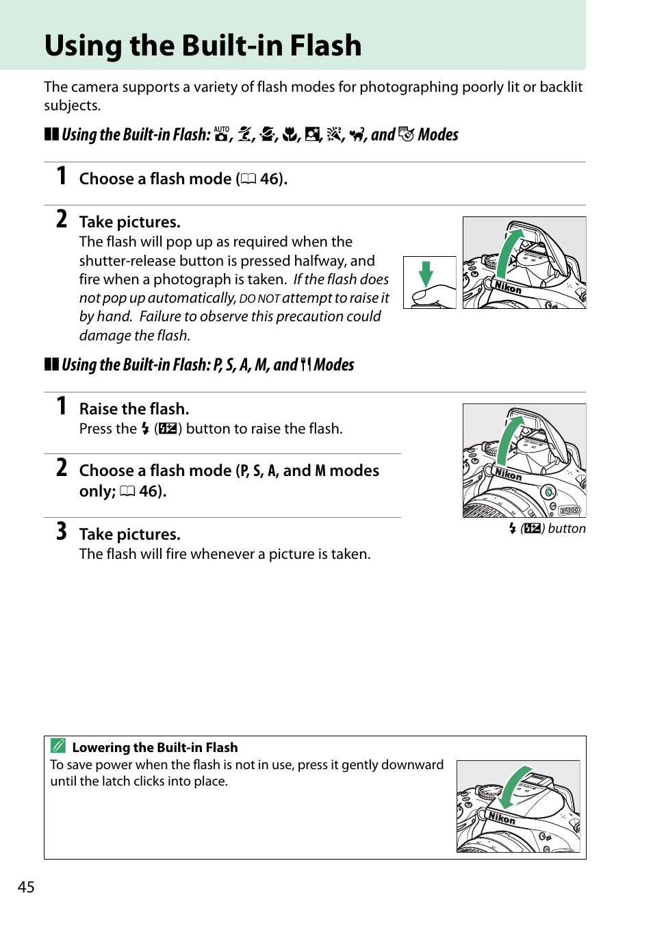 Using the built-in flash | Nikon D5200 User Manual | Page 62 / 264