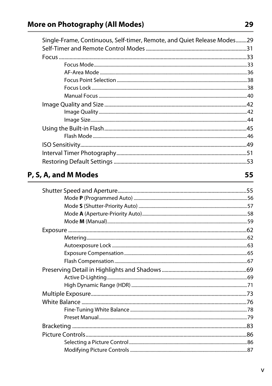 More on photography (all modes) 29, P, s, a, and m modes 55 | Nikon D5200 User Manual | Page 7 / 264