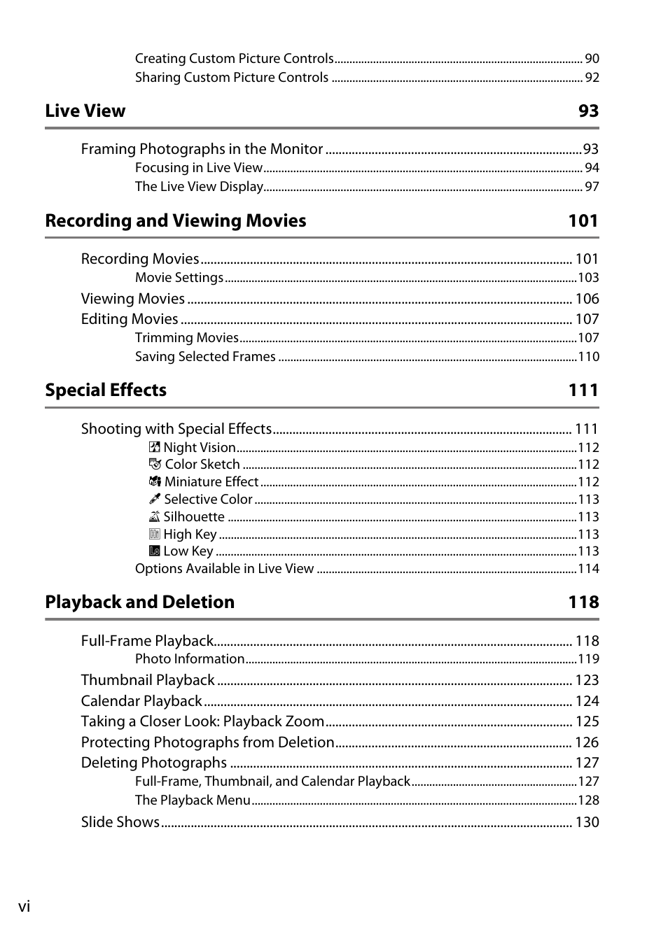 Live view 93, Recording and viewing movies 101, Special effects 111 | Playback and deletion 118 | Nikon D5200 User Manual | Page 8 / 264