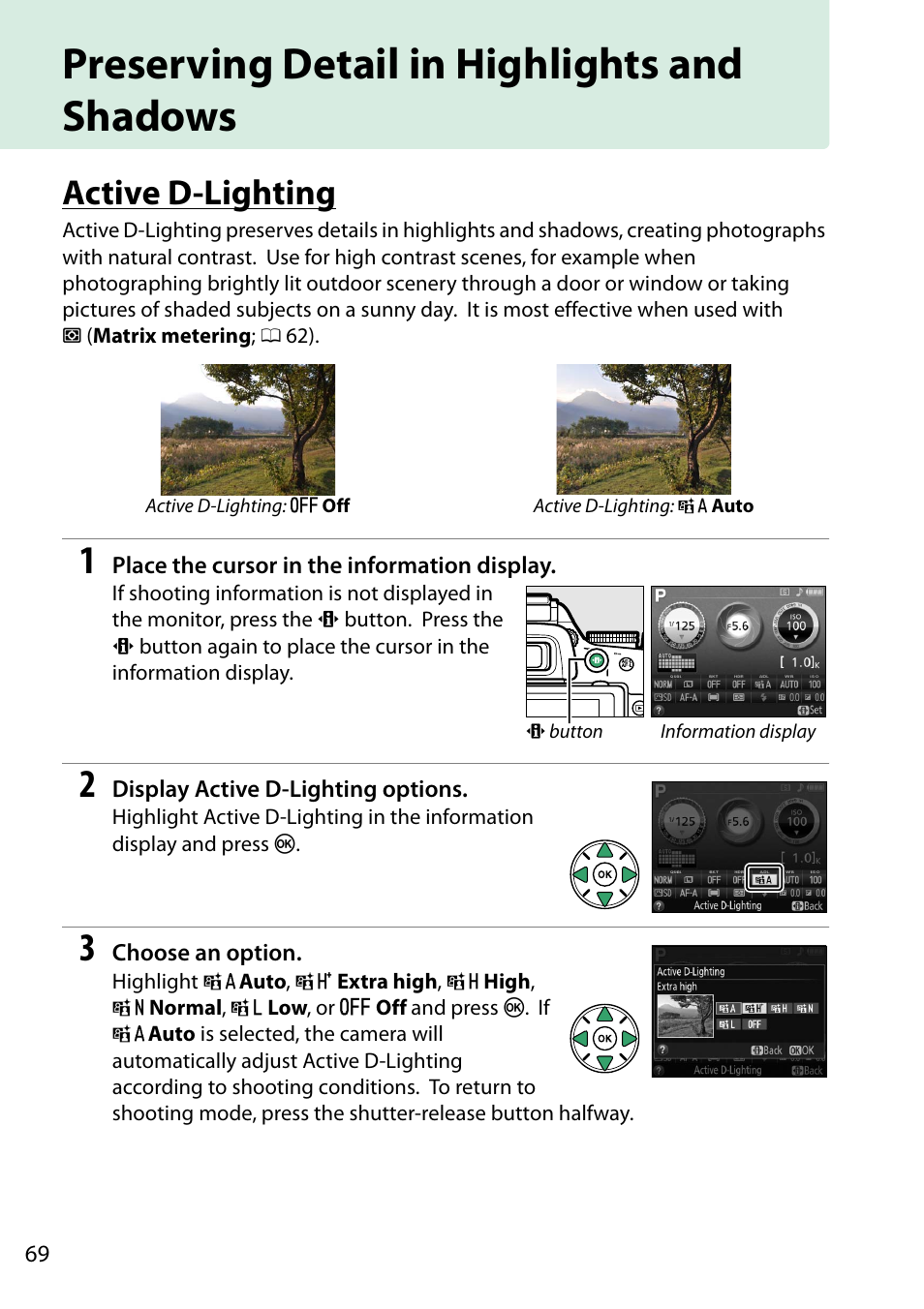 Preserving detail in highlights and shadows, Active d-lighting | Nikon D5200 User Manual | Page 86 / 264