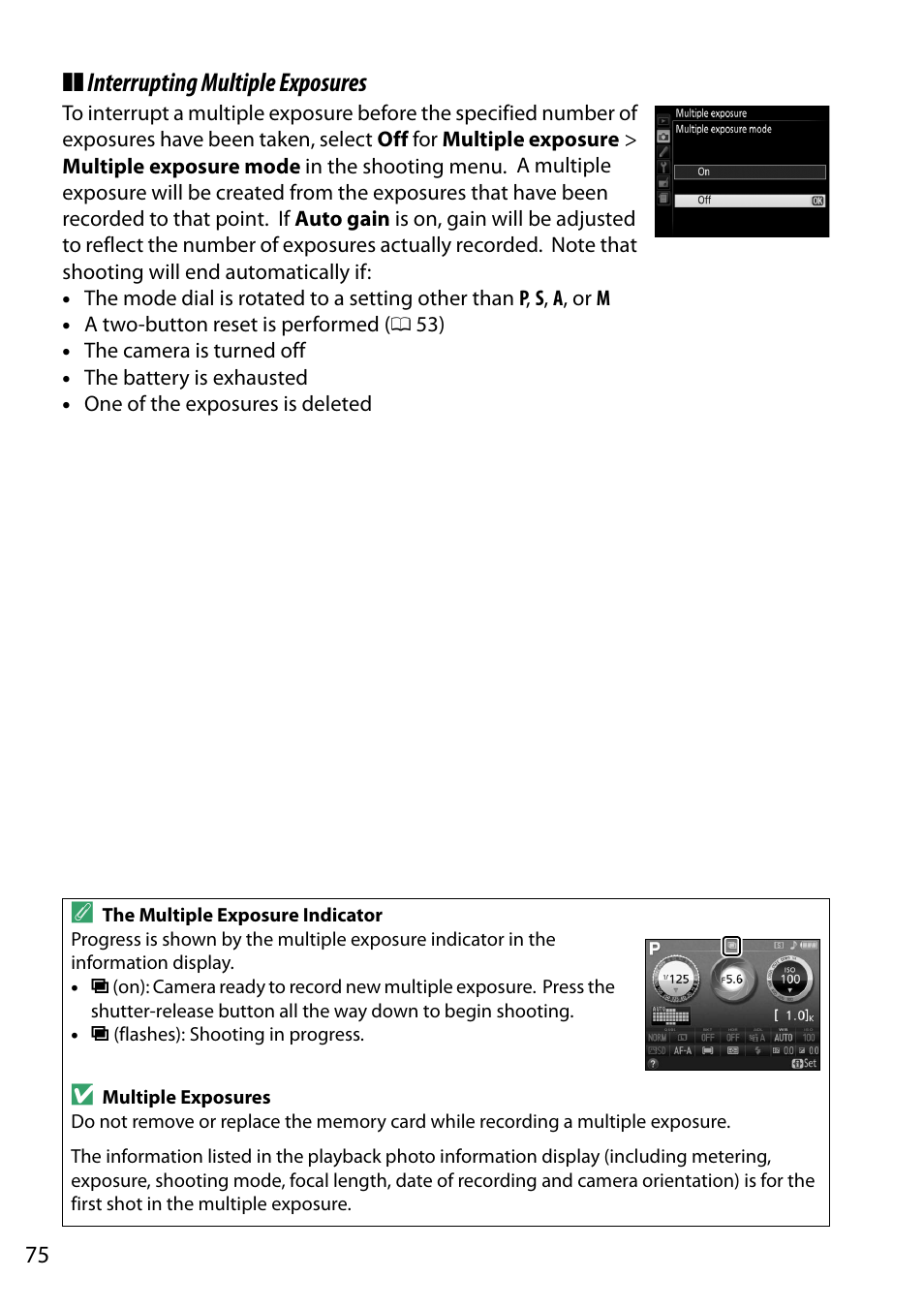 Interrupting multiple exposures | Nikon D5200 User Manual | Page 92 / 264