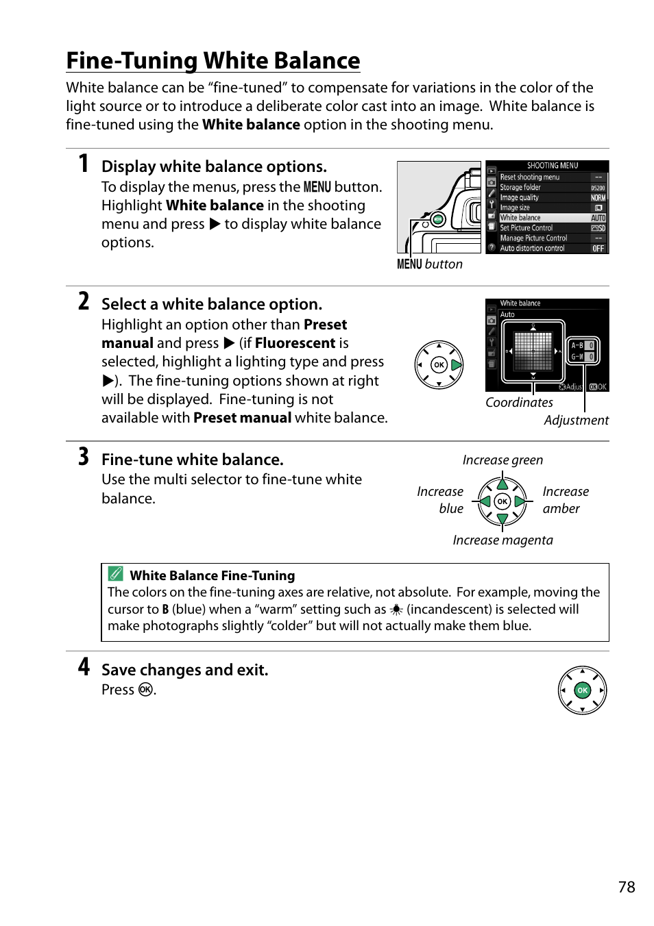 Fine-tuning white balance, 0 78) or measur | Nikon D5200 User Manual | Page 95 / 264