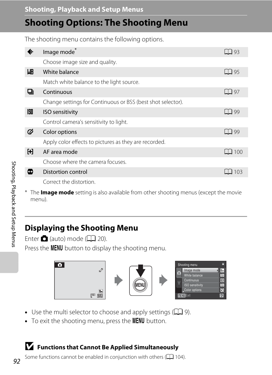 Shooting, playback and setup menus, Shooting options: the shooting menu, Displaying the shooting menu | D shooting, playback and setup menus, A 92) | Nikon S220 - S225 User Manual | Page 104 / 164