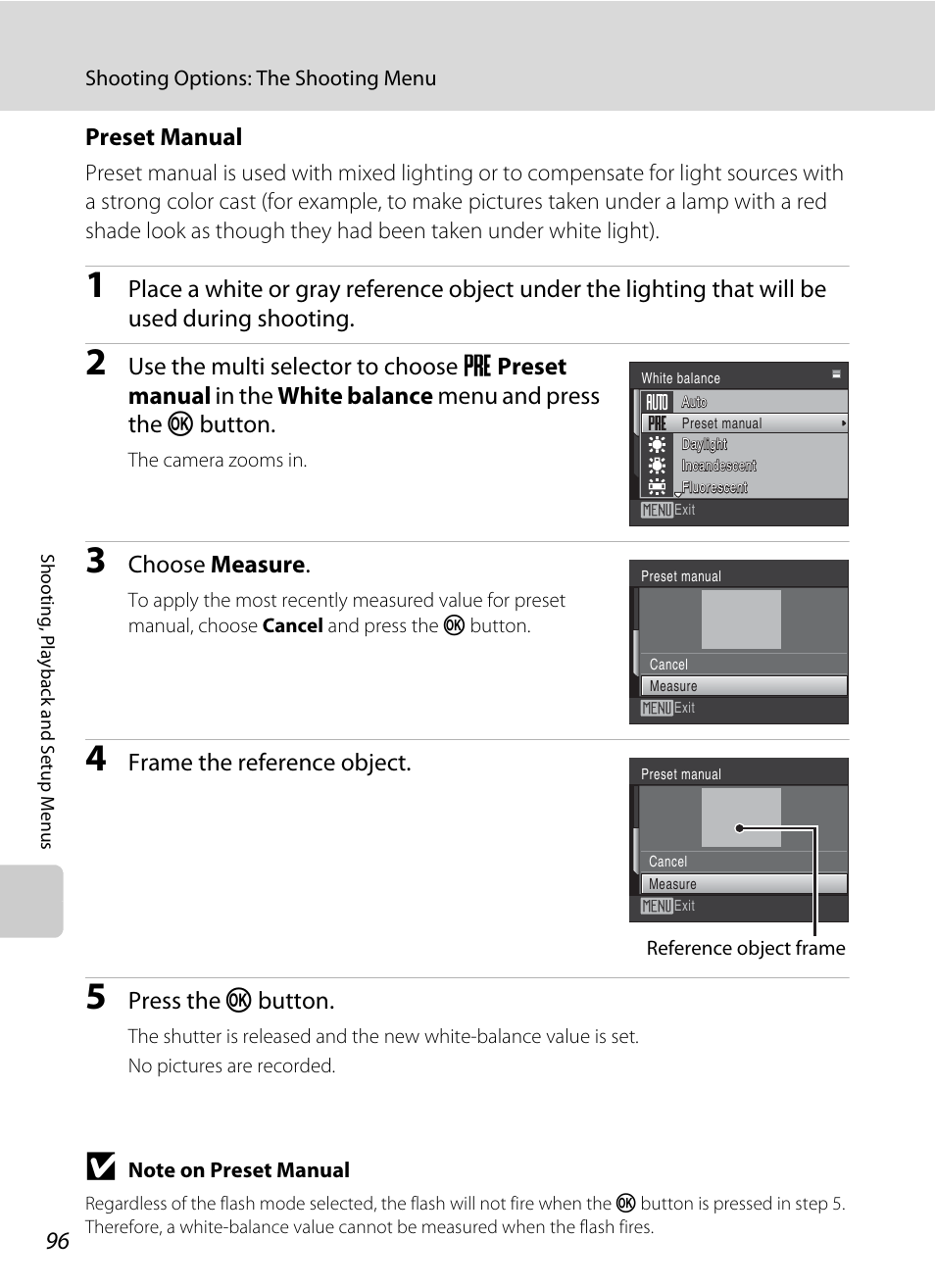 Preset manual, A 96), Choose measure | Frame the reference object, Press the k button | Nikon S220 - S225 User Manual | Page 108 / 164