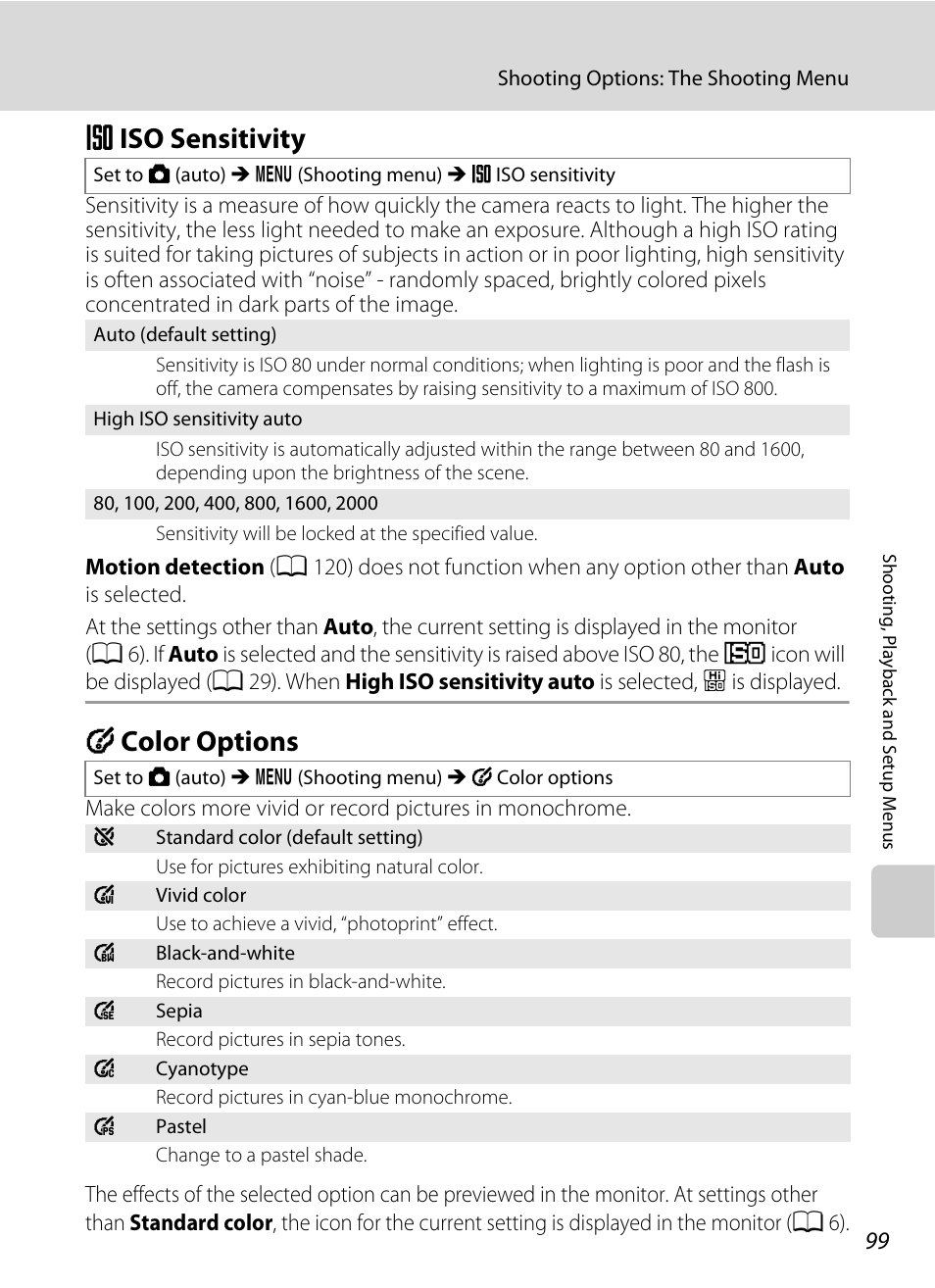 Iso sensitivity, Color options, E iso sensitivity f color options | A 99, A 99) is, A 99) is fixed, E iso sensitivity, F color options | Nikon S220 - S225 User Manual | Page 111 / 164