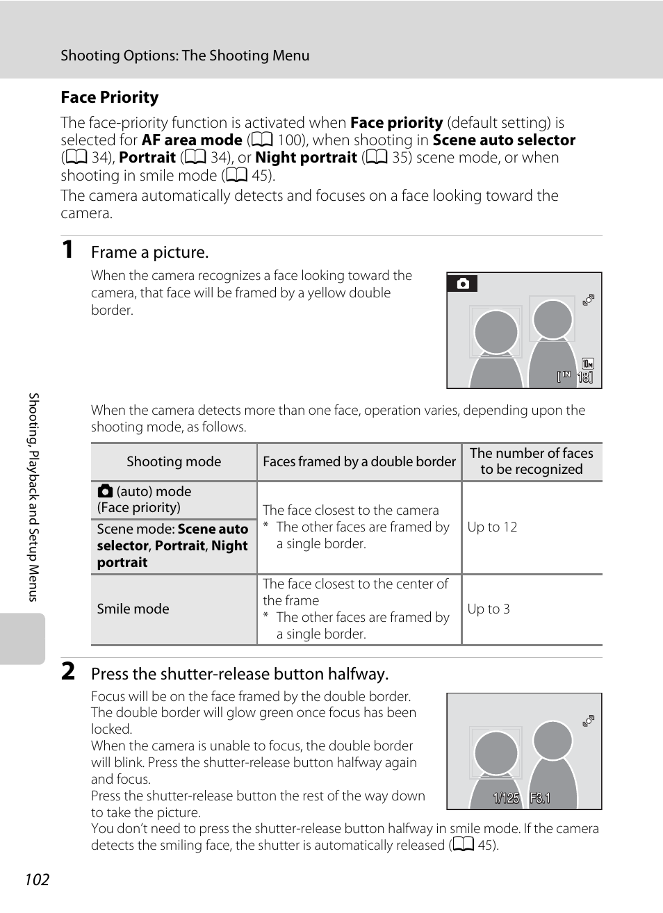 Face priority, A 102) for, E “face priority | A 102) for more, A 102) f, A 102) by, A 102) in | Nikon S220 - S225 User Manual | Page 114 / 164