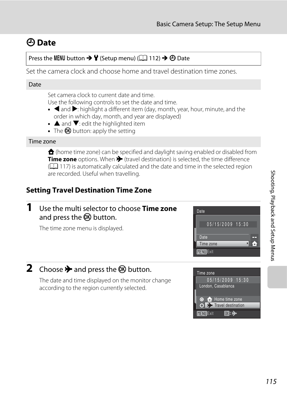 Date, D date, A 115 | Setting travel destination time zone, Choose x and press the k button | Nikon S220 - S225 User Manual | Page 127 / 164