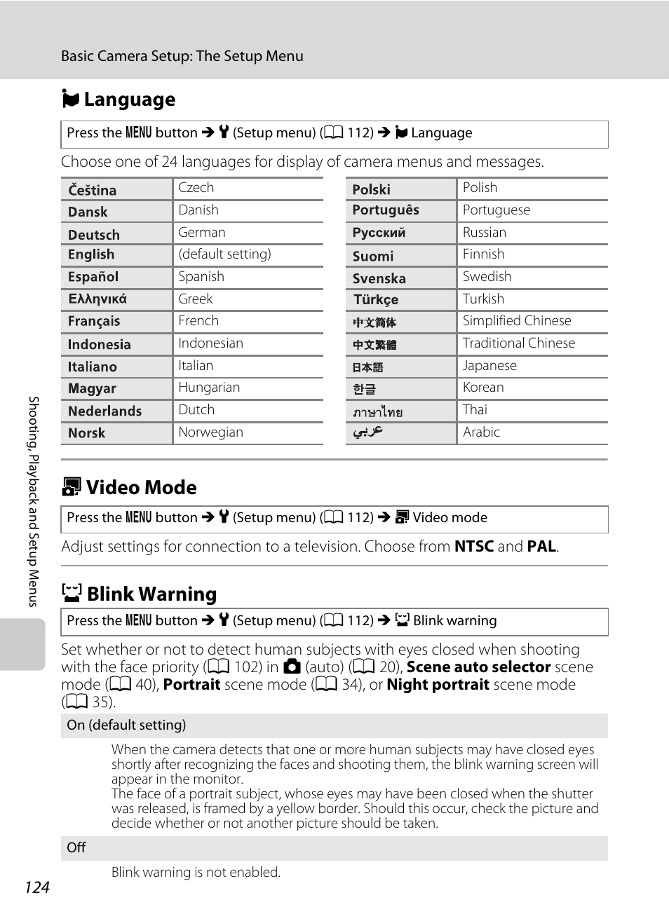Language, Video mode, Blink warning | N language o video mode d blink warning, A 124, N language, O video mode, D blink warning | Nikon S220 - S225 User Manual | Page 136 / 164