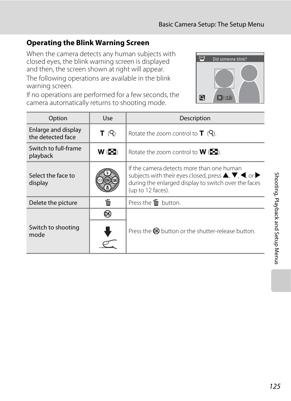 Operating the blink warning screen, A 125) | Nikon S220 - S225 User Manual | Page 137 / 164