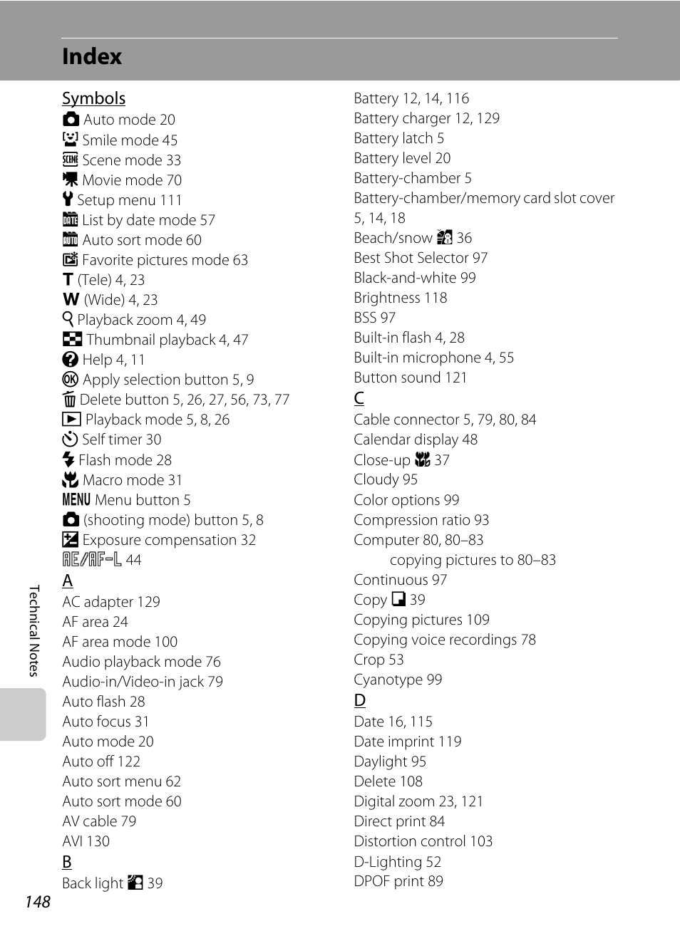 Index | Nikon S220 - S225 User Manual | Page 160 / 164