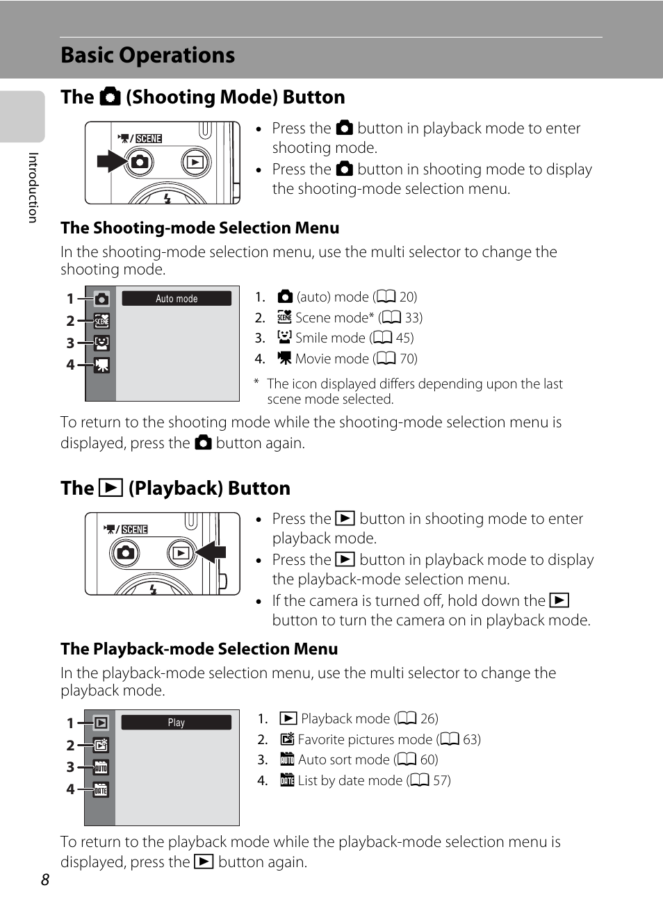 Basic operations, The shooting mode button, The playback button | The a (shooting mode) button the, C (playback) button, The a (shooting mode) button, The c (playback) button | Nikon S220 - S225 User Manual | Page 20 / 164