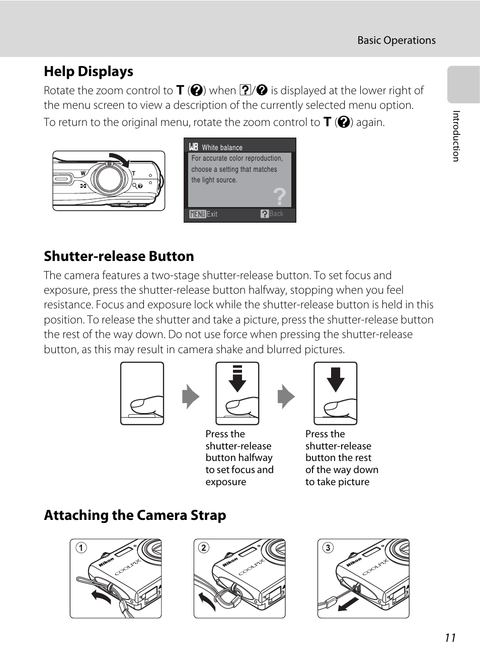 Help displays, Shutter-release button, Attaching the camera strap | Nikon S220 - S225 User Manual | Page 23 / 164
