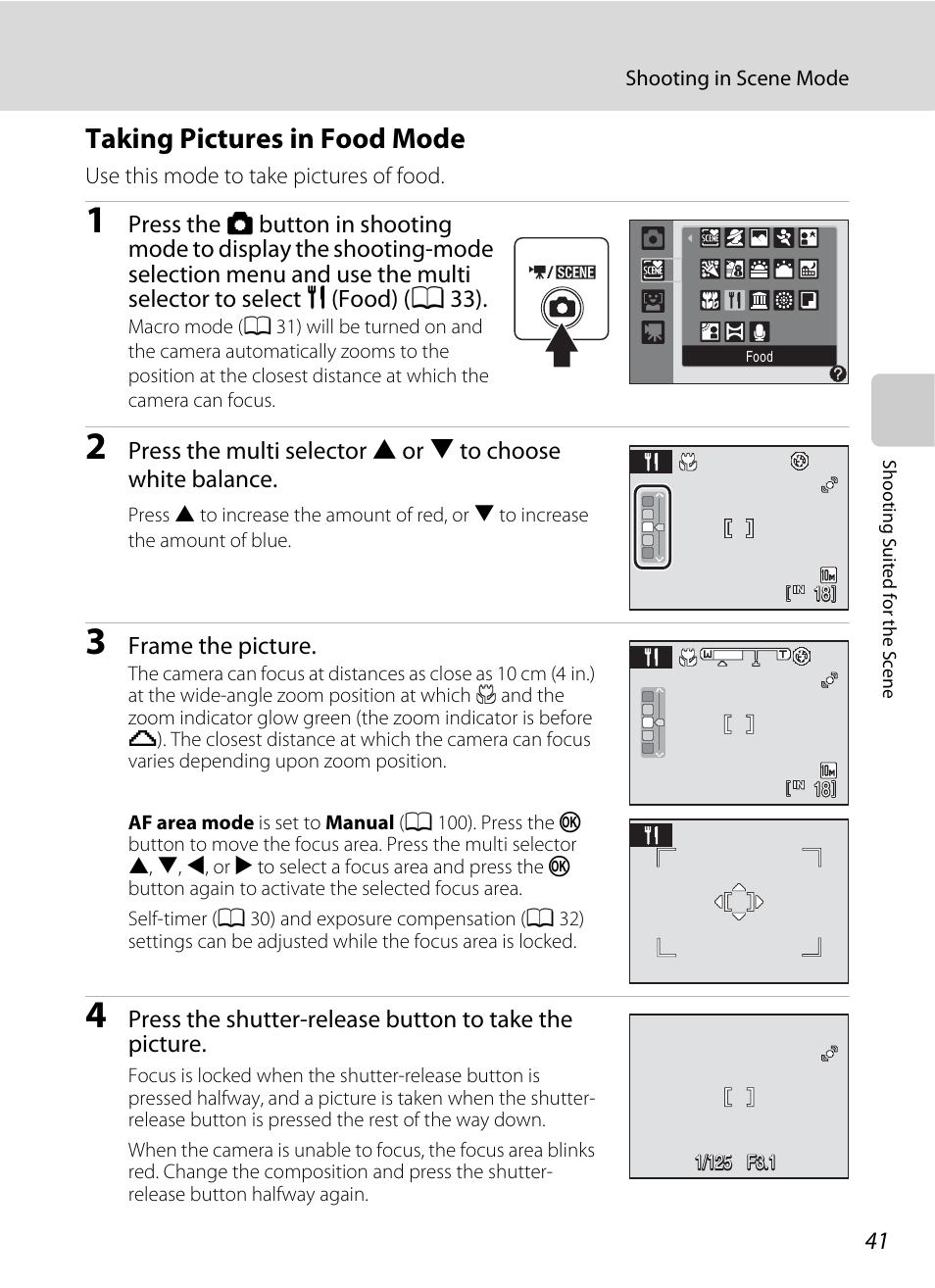 Taking pictures in food mode, See “taking pictures in food mode, A 41) for | Nikon S220 - S225 User Manual | Page 53 / 164