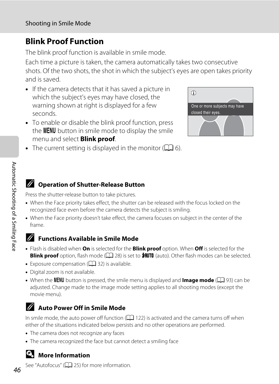 Blink proof function, A 46) | Nikon S220 - S225 User Manual | Page 58 / 164