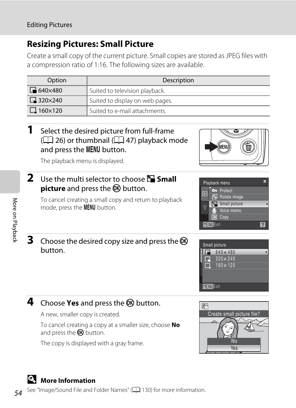 Resizing pictures: small picture, A 54) | Nikon S220 - S225 User Manual | Page 66 / 164