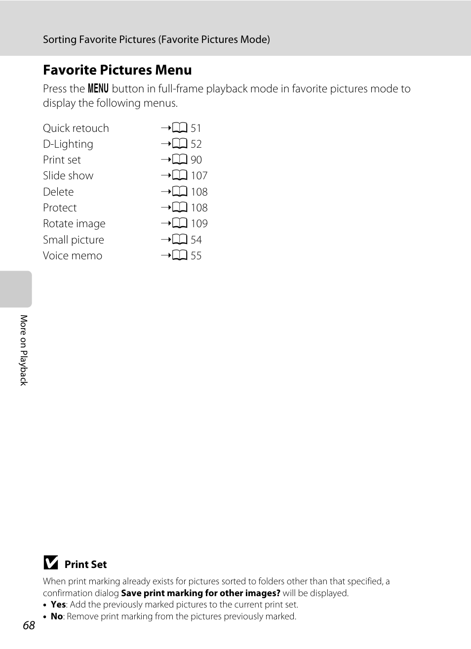 Favorite pictures menu, A 68) | Nikon S220 - S225 User Manual | Page 80 / 164