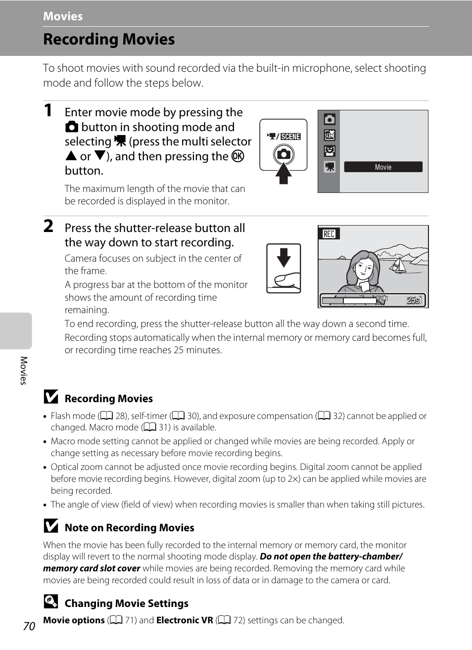 Movies, Recording movies, D movies | A 70), A 70) are displayed | Nikon S220 - S225 User Manual | Page 82 / 164