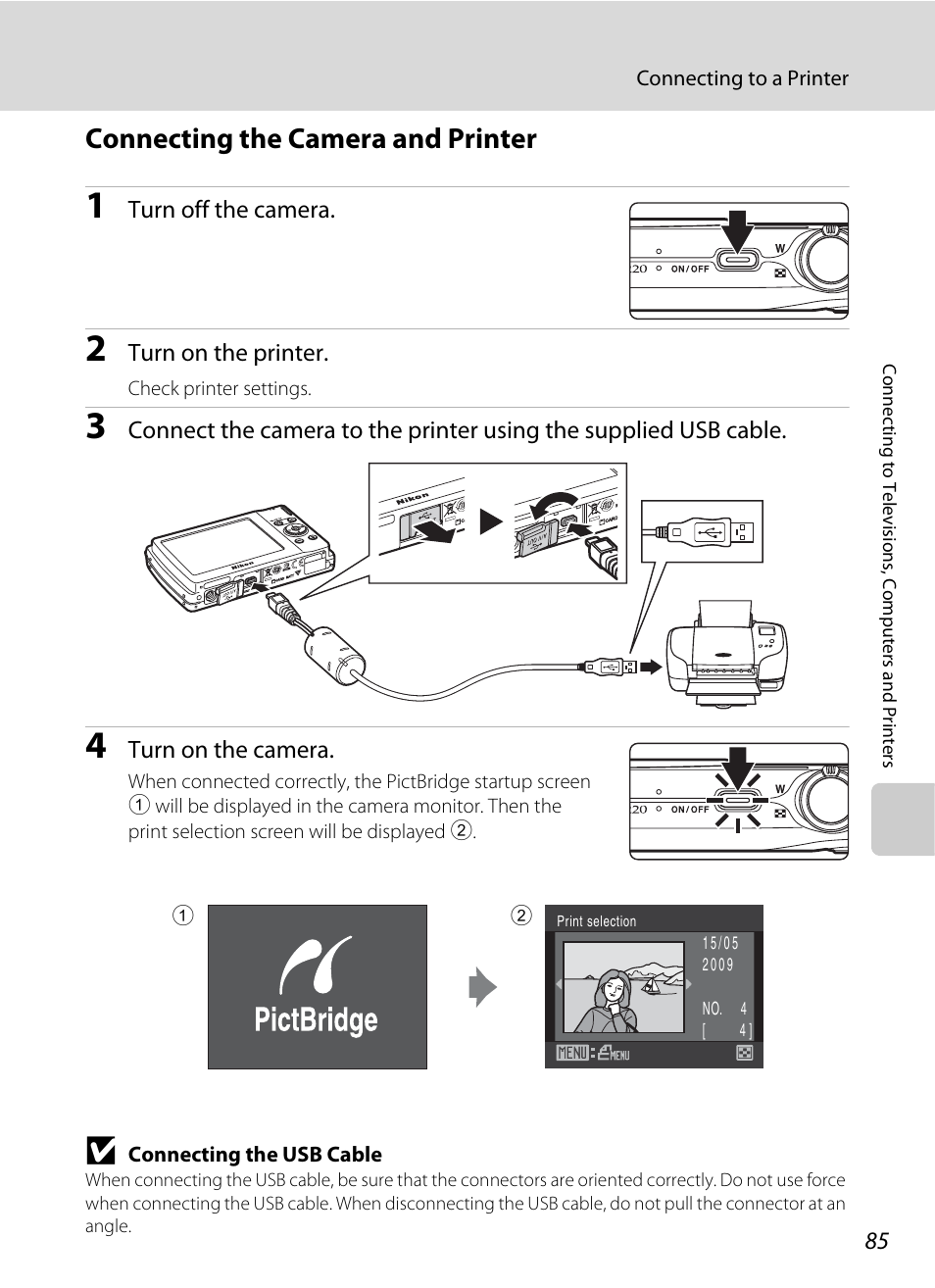 Connecting the camera and printer, A 85) | Nikon S220 - S225 User Manual | Page 97 / 164