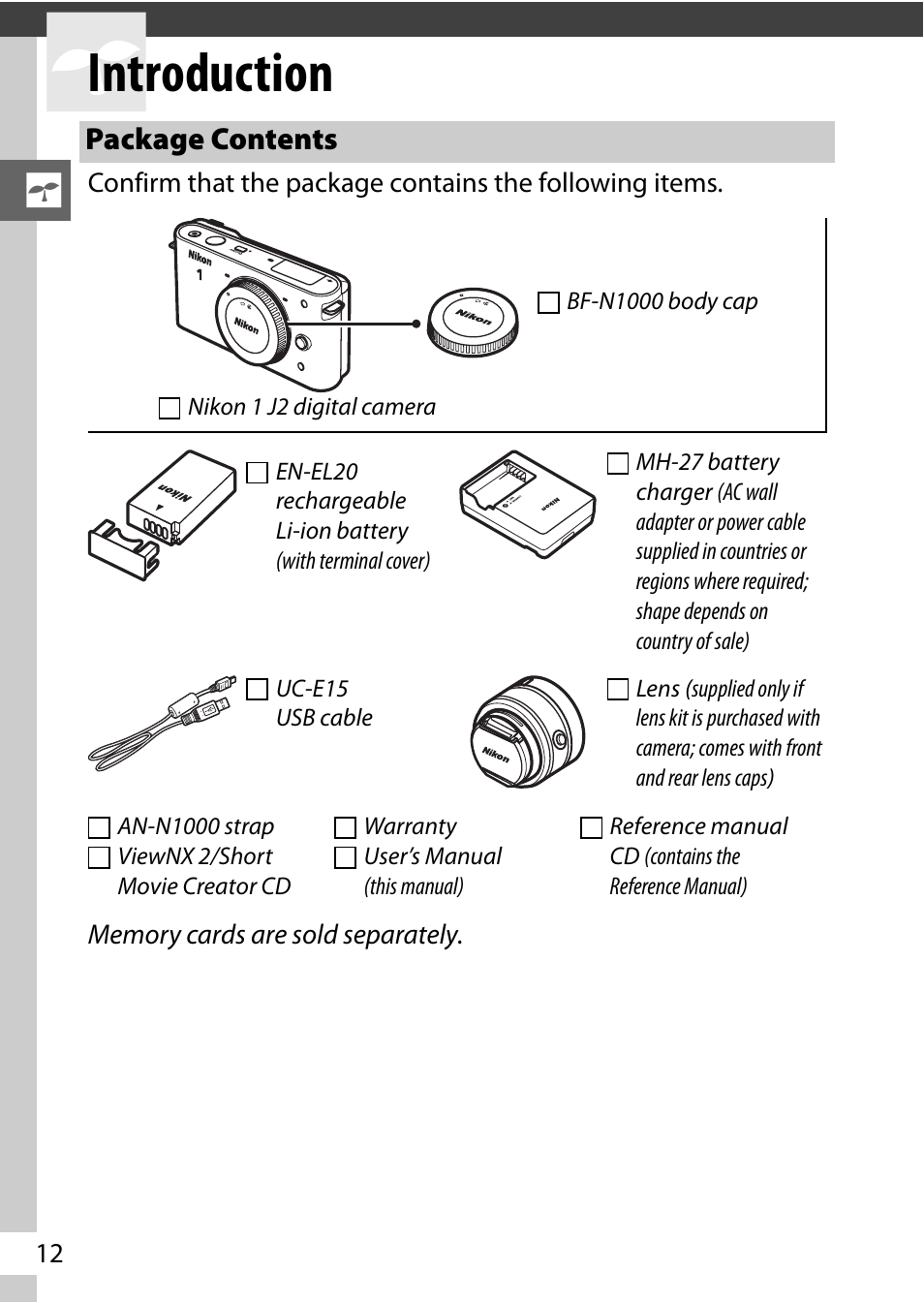 Introduction, Package contents | Nikon J2 User Manual | Page 14 / 96