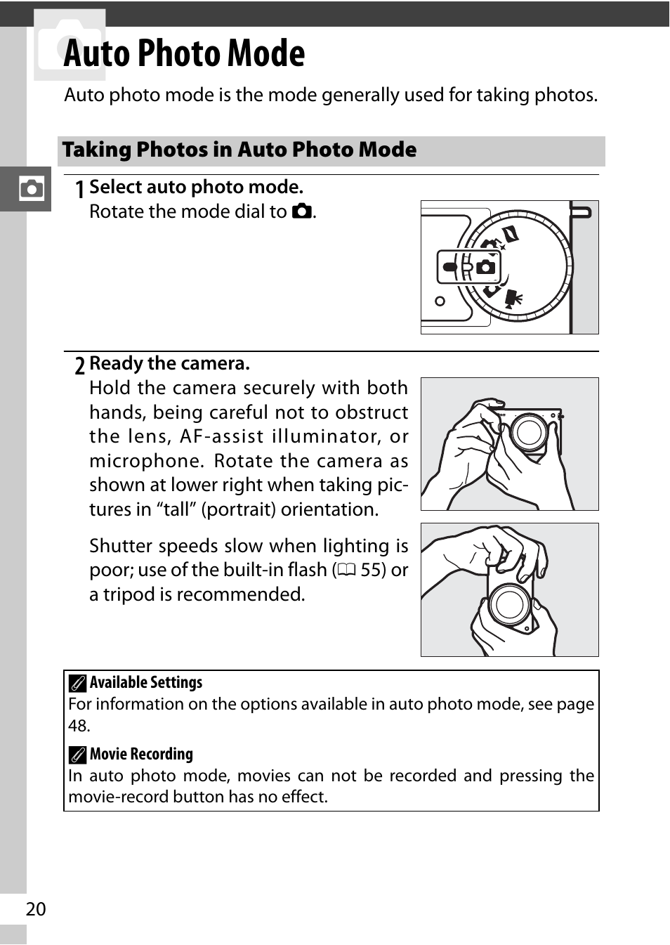 Auto photo mode, Taking photos in auto photo mode, 0 20) to sim | Nikon J2 User Manual | Page 22 / 96