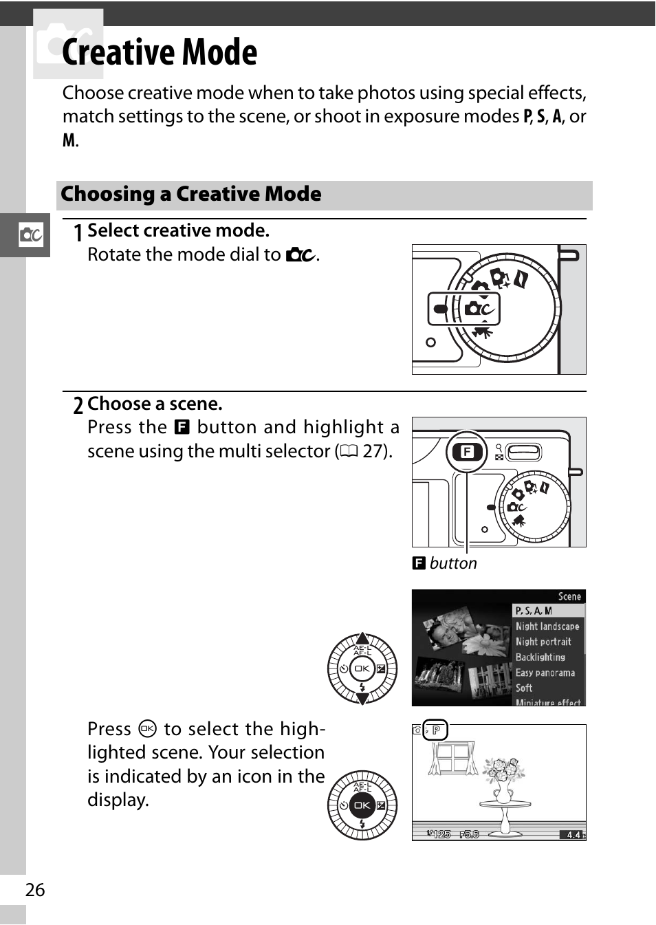 Creative mode, Choosing a creative mode, 0 26) t | Nikon J2 User Manual | Page 28 / 96